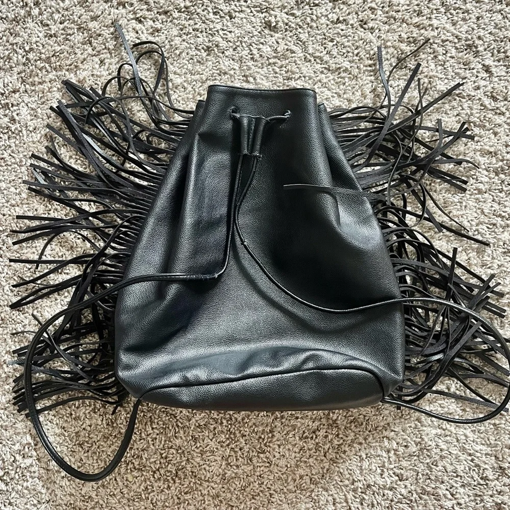 Victoria’s Secret Limited Edition Black Vegan Leather Drawstring Fringe Backpack